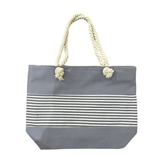 Grey And White Striped Beach Bag