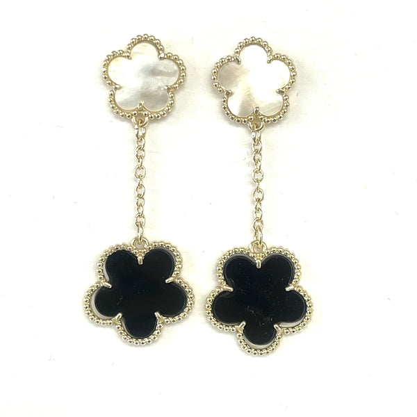 Double Flower Mother Of Pearl And Onyx Earrings