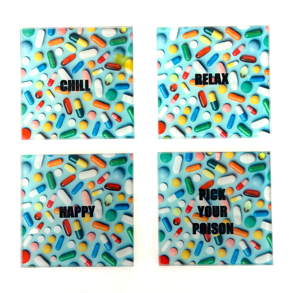 Set Of Four "Funny" Pill Coasters