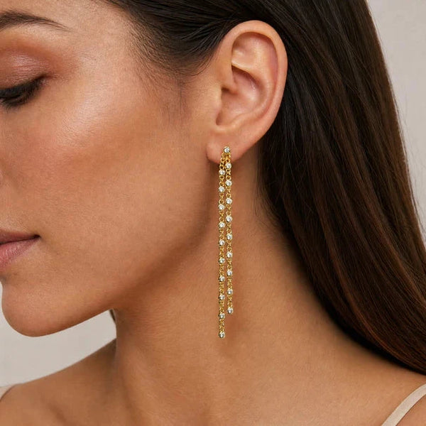 Dripping in Gold and CZ Bezels Double Chain Drop Earrings