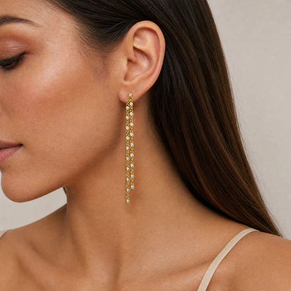 Dripping in Gold and CZ Bezel Double Chain Drop Earrings