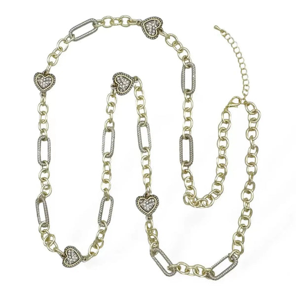 Long Beautiful Silver Paperclip and Gold Chain with Stunning CZ Heart Necklace