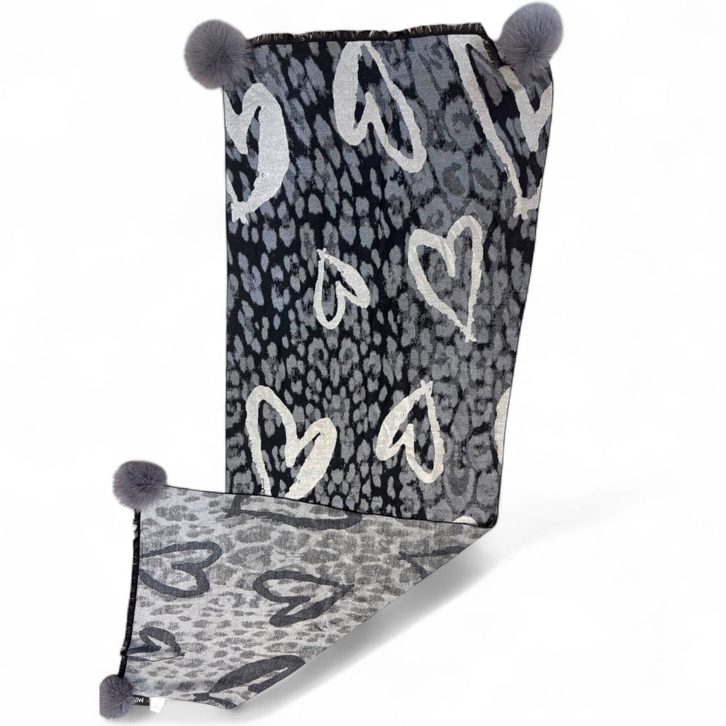 Abstract Heart and Leopard  Woven Scarf With Fox Poms