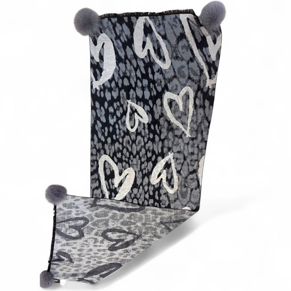 Abstract Heart and Leopard  Woven Scarf With Fox Poms