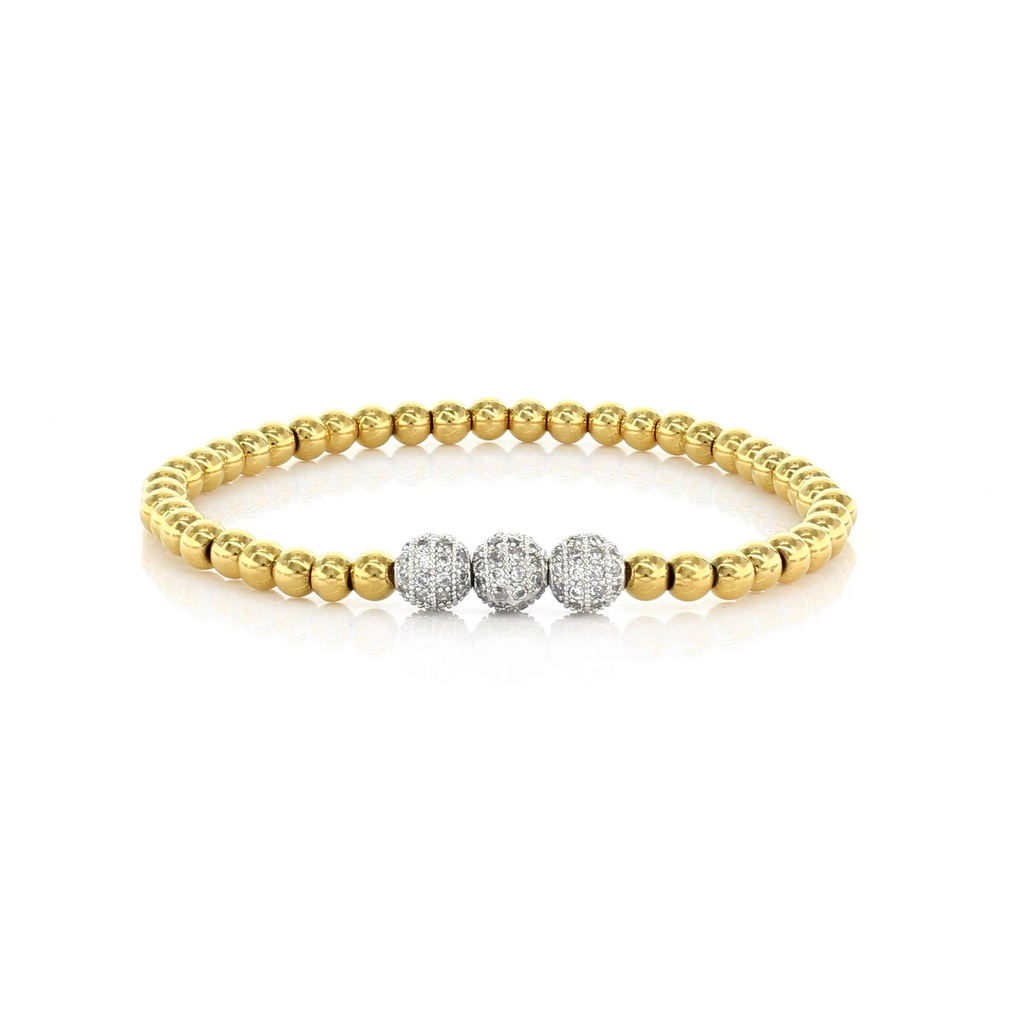 Stretch Beaded Bracelet with Triple Silver CZ Pave Spheres