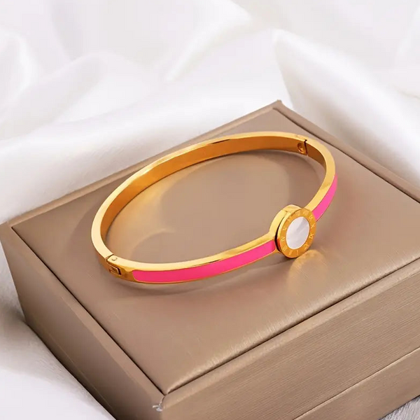 Gold & Enamel Cuff Bracelet with Roman Numeral Discu