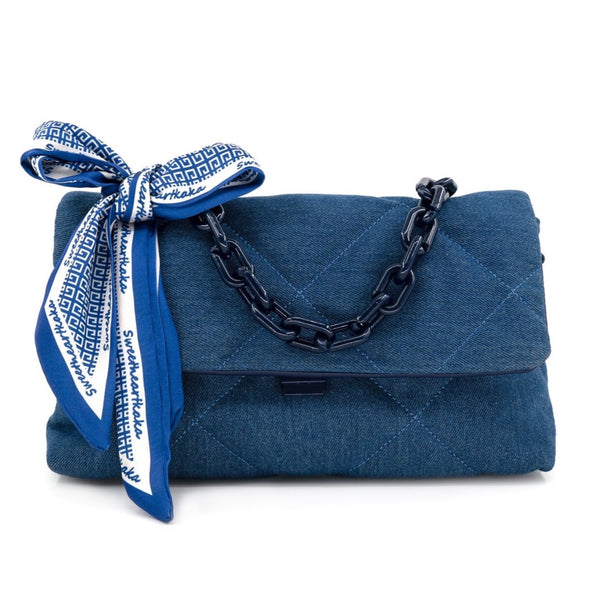 Quilted Denim Bag With Acrylic Chain And Scarf