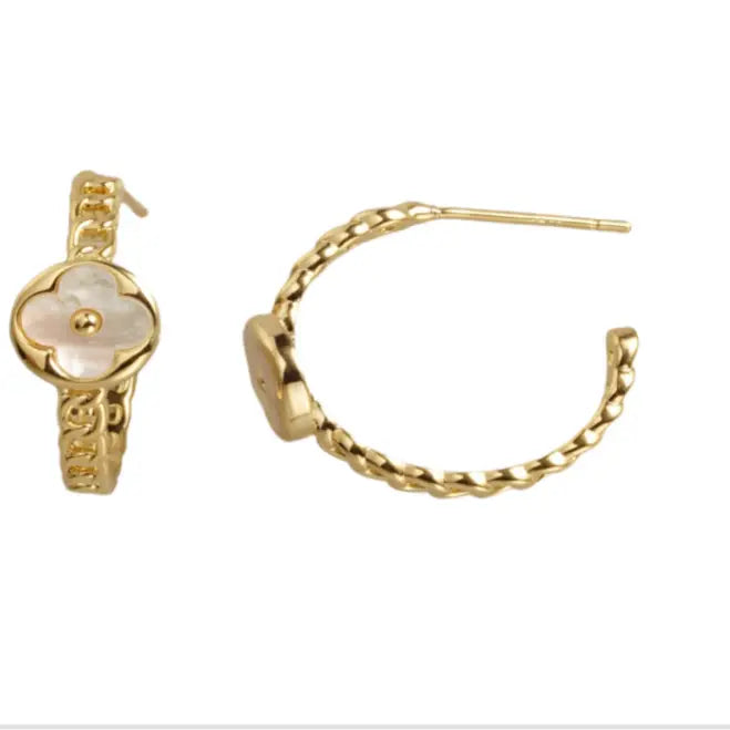 Mother of Pearl Clover Station Gold Hoops