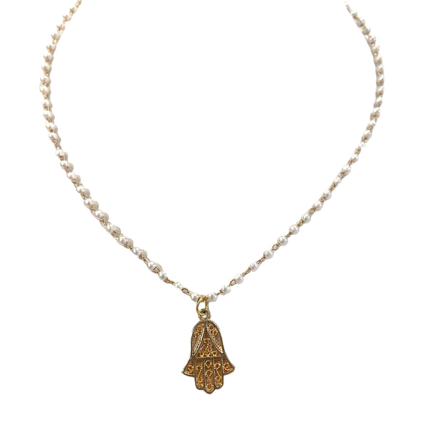 Pearl Necklace with Filigree Hamsa Charm