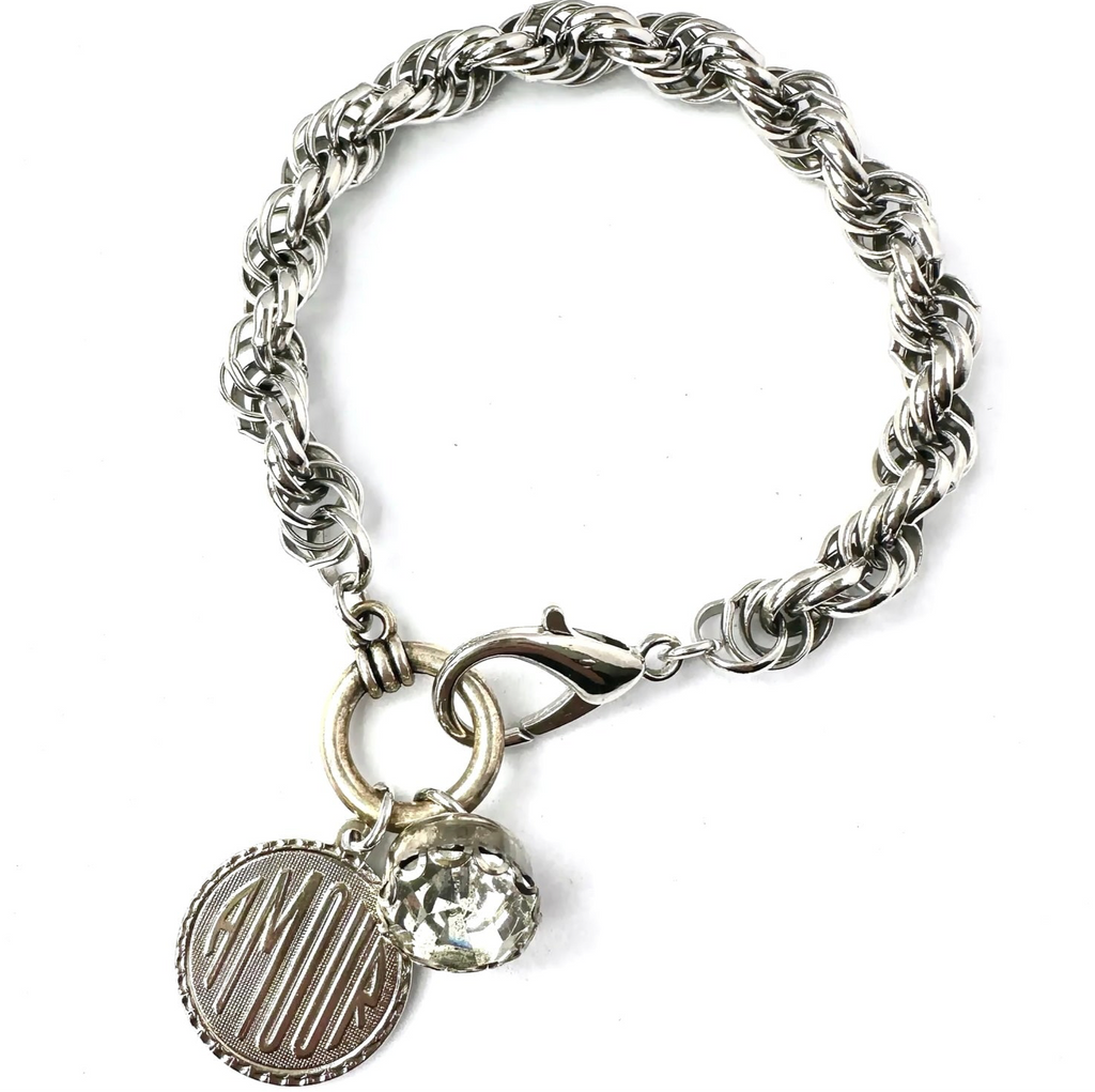 Vintage Amour/Love & Crystal Charm Bracelet