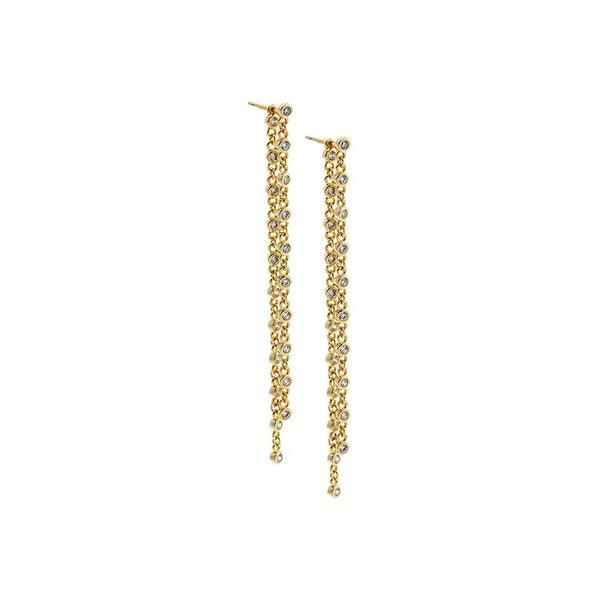 Dripping in Gold and CZ Bezel Double Chain Drop Earrings