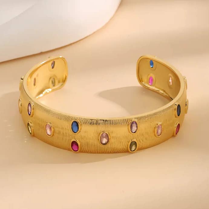 Colorful CZ's Inlayed in Gold Cuff Bracelet