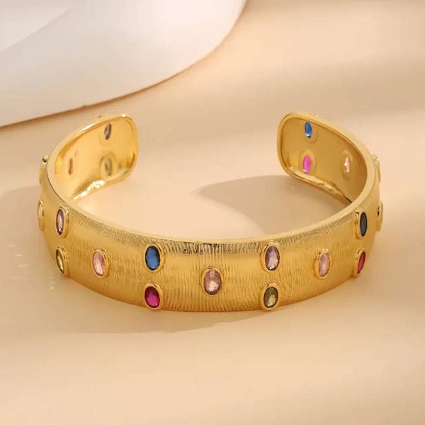Colorful CZ's Inlayed in Gold Cuff Bracelet