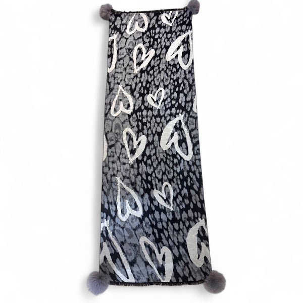 Abstract Heart and Leopard  Woven Scarf With Fox Poms