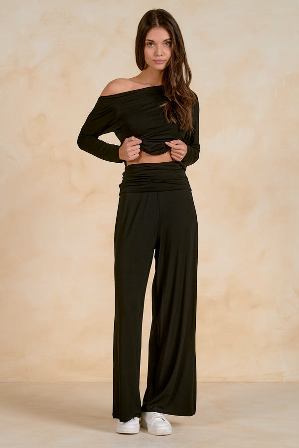 Foldover-Waist With Wide Leg Black Pants
