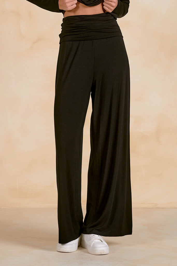 Foldover-Waist With Wide Leg Black Pants