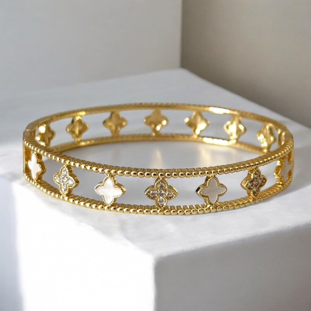 Mother of Pearl and CZ Clover Cuff Bracelet
