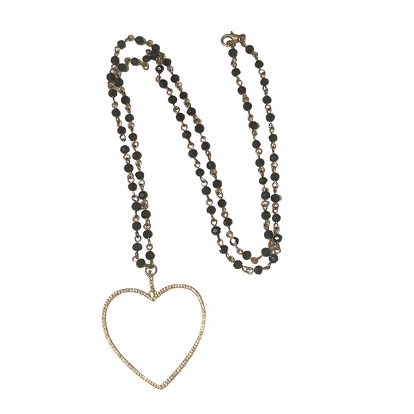 Black Wire Wrapped Beaded Chain With Open Gold CZ Heart Charm
