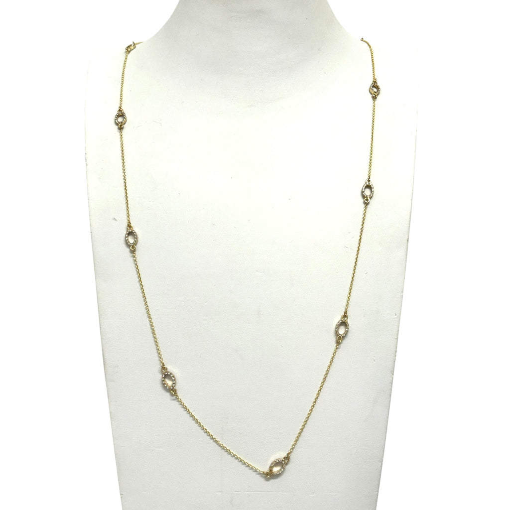 Long Gold Necklace with CZ Oval Stations