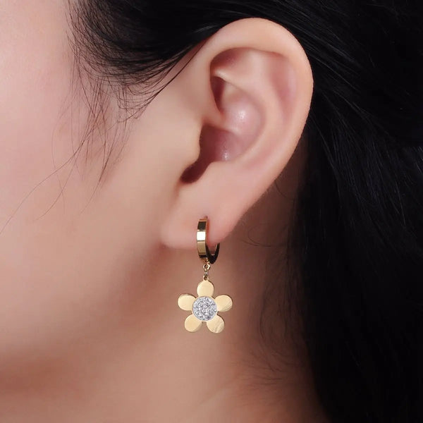 Stainless Steel Flower Clear CZ Drop Huggie Earrings