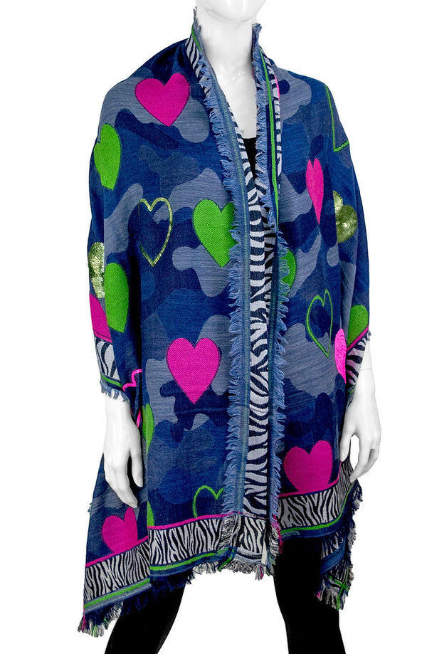 Animal Print Camo Woven Scarf With Sequin Hearts