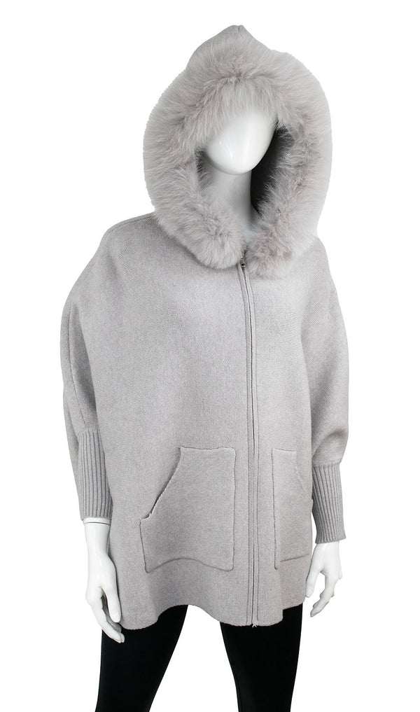 Light Grey Knit Poncho With Pockets And Fur Trim Hood