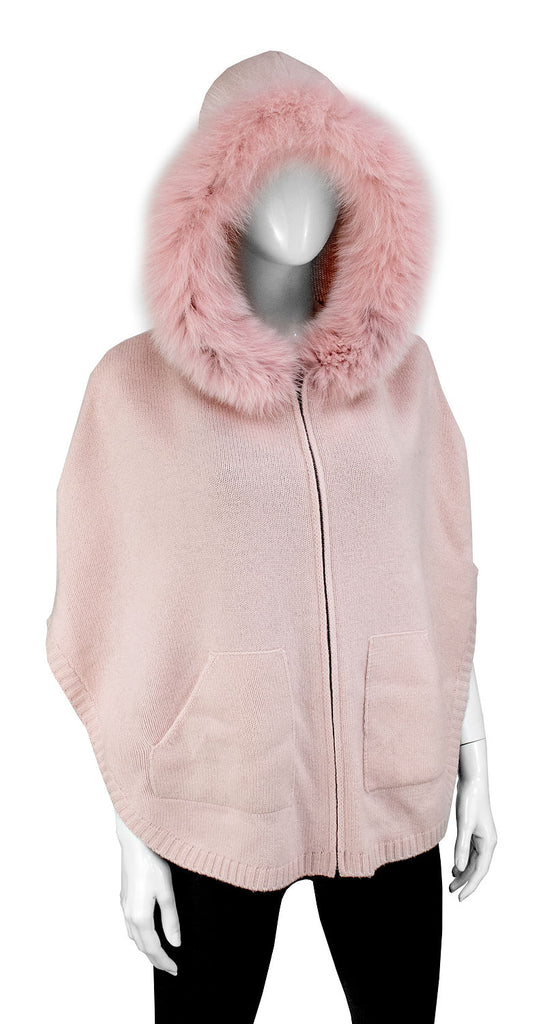 Fur Trimmed Pink Knit Zip Up Poncho