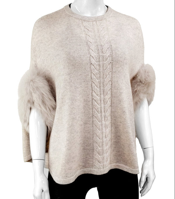 Cable Knit Cashmere Blend Poncho with Fox Fur Trim