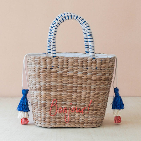 Mini Woven Tote Bag with Embroidered Bonjour – Handwoven Beach Tote
