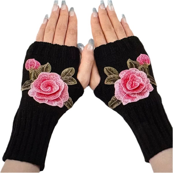 Fingerless Gloves With Floral Embroidery