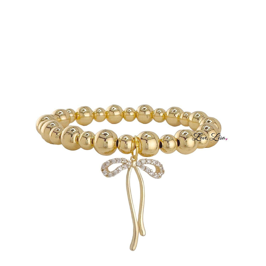 Hannah Bow Charm 4MM/6MM Gold Beaded Stretch Bracelet