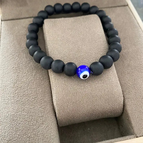 Onyx Stone Bead Evil Eye Stretch Bracelet