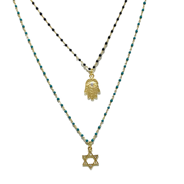 Enamel Beaded Hamsa or Star of David Charm Necklace