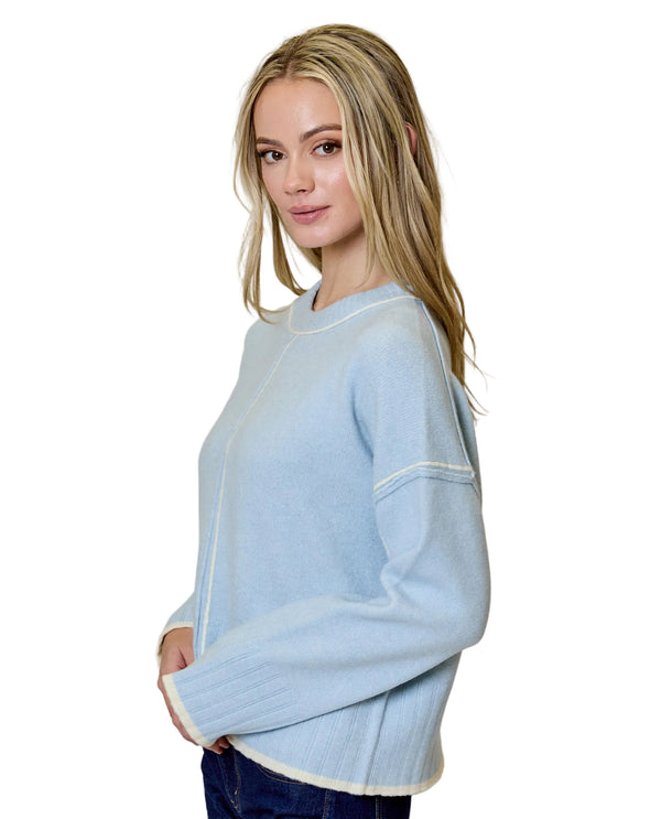 Light Blue Contrast-Stitch Knit Sweater