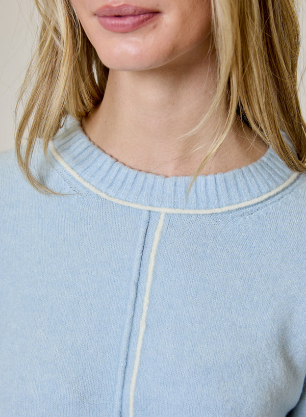 Light Blue Contrast-Stitch Knit Sweater