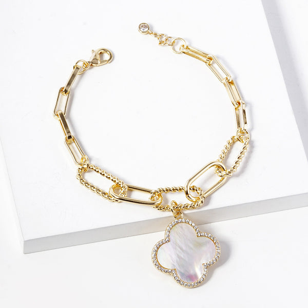 Gold Dipped Quatrefoil Charm Paperclip Bracelet