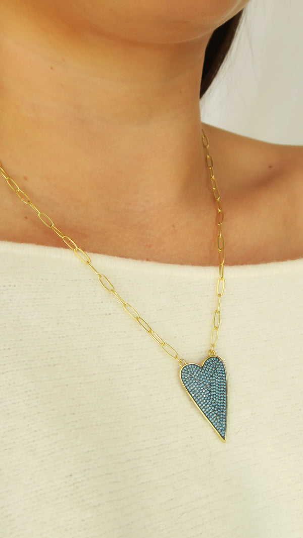 Turquoise Heart Necklace on Gold Paperclip Chain