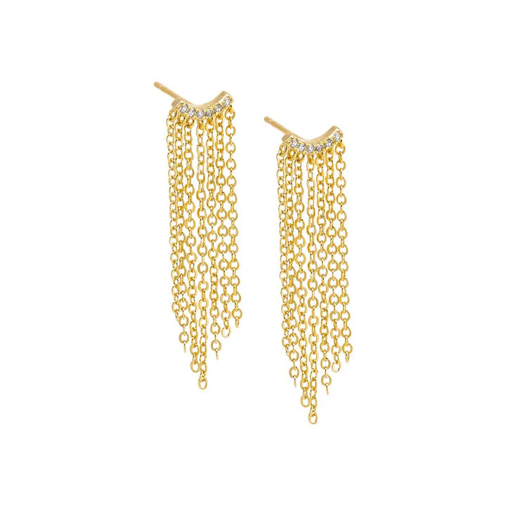 Curved CZ Bar Fringe Chain Earrings