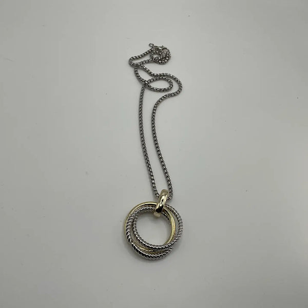 Textured Cable Necklace with Two Tone Circle Pendant