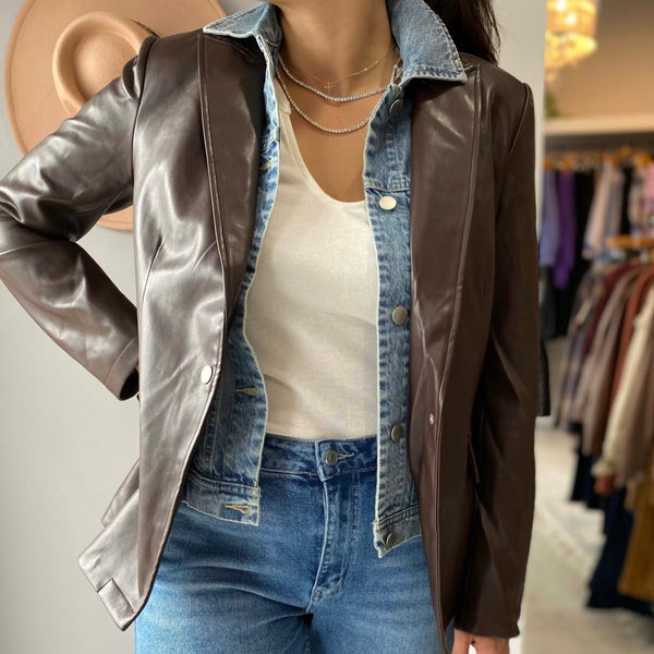Double Duty Brown Leatherette And Denim Blazer