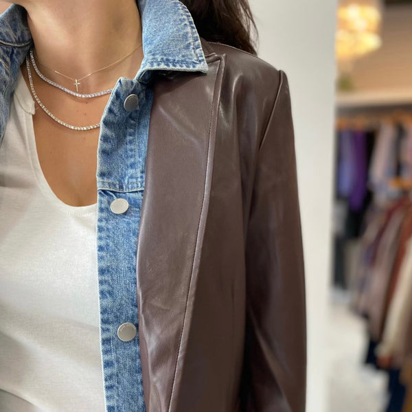Double Duty Brown Leatherette And Denim Blazer