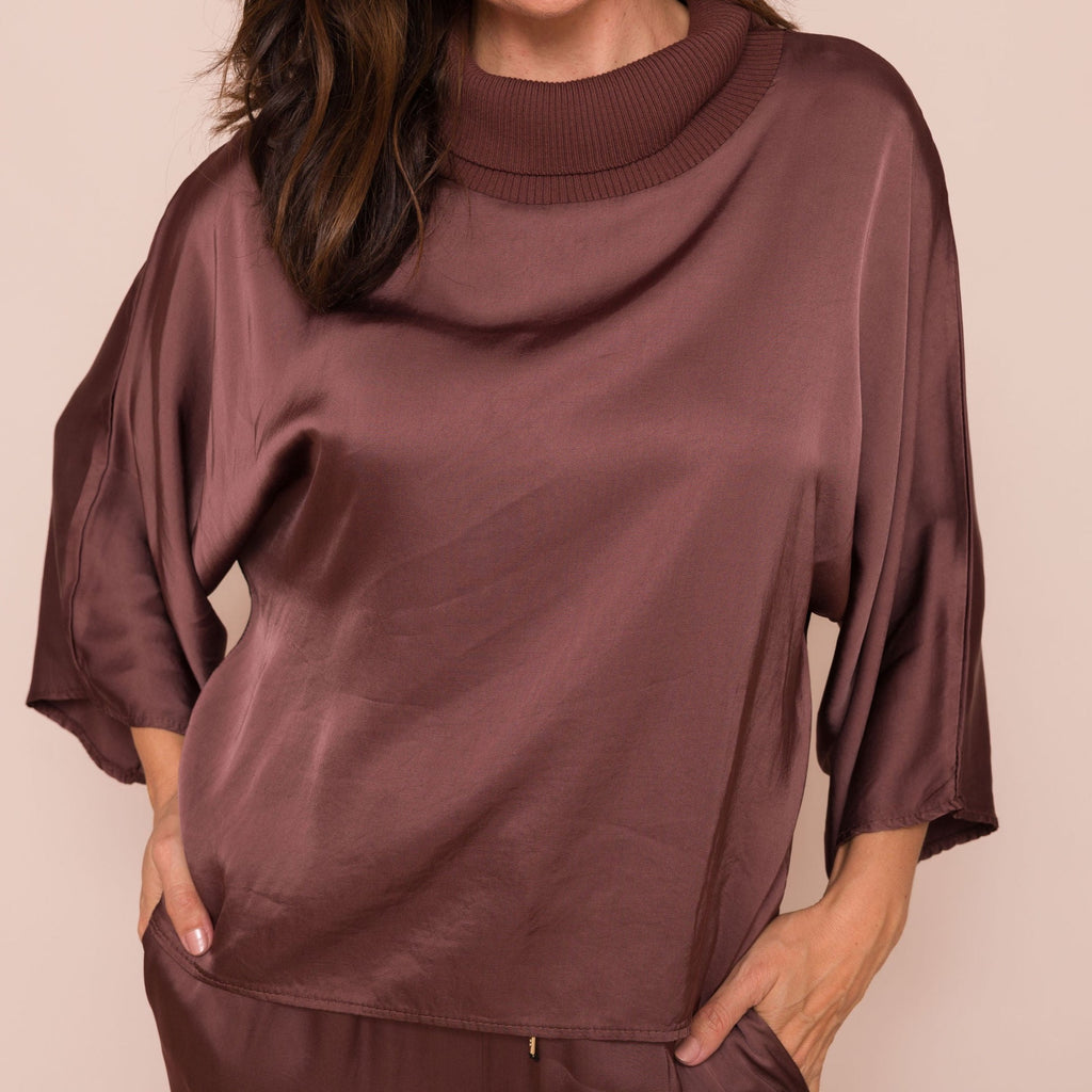 Galina Silky Batwing Top With Rib Cowl Neck Top