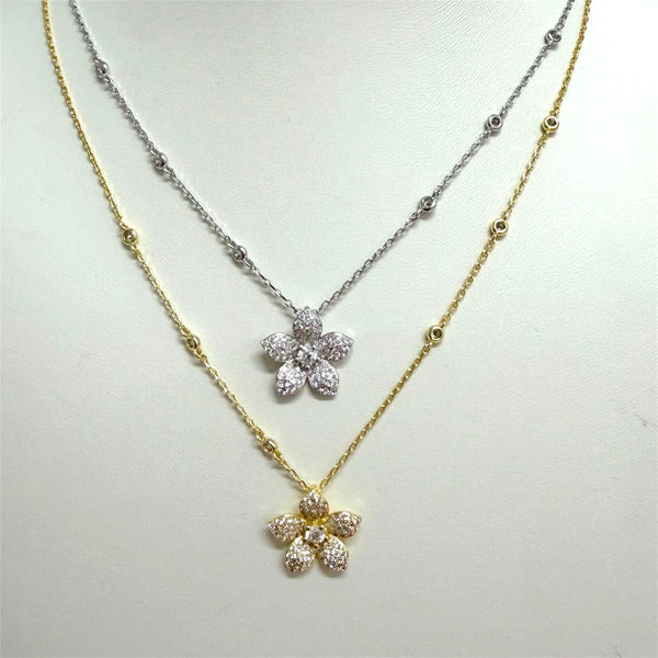 Pave Flower Charm Bezel Station Necklace