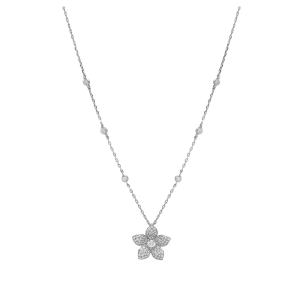 Pave Flower Charm Bezel Station Necklace