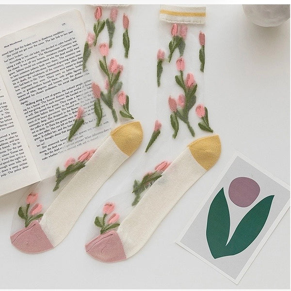 Nylon and Cotton Flower Jacquard Socks