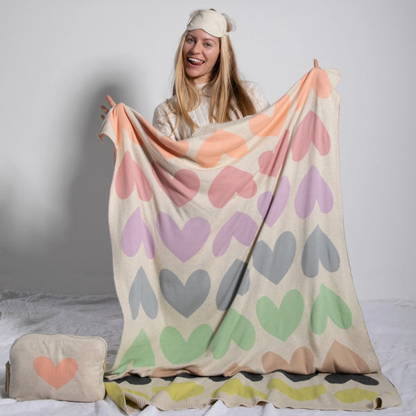 Blush Hearts Cotton Travel Blanket And Eye Mask Set