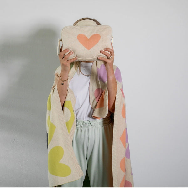 Blush Hearts Cotton Travel Blanket And Eye Mask Set