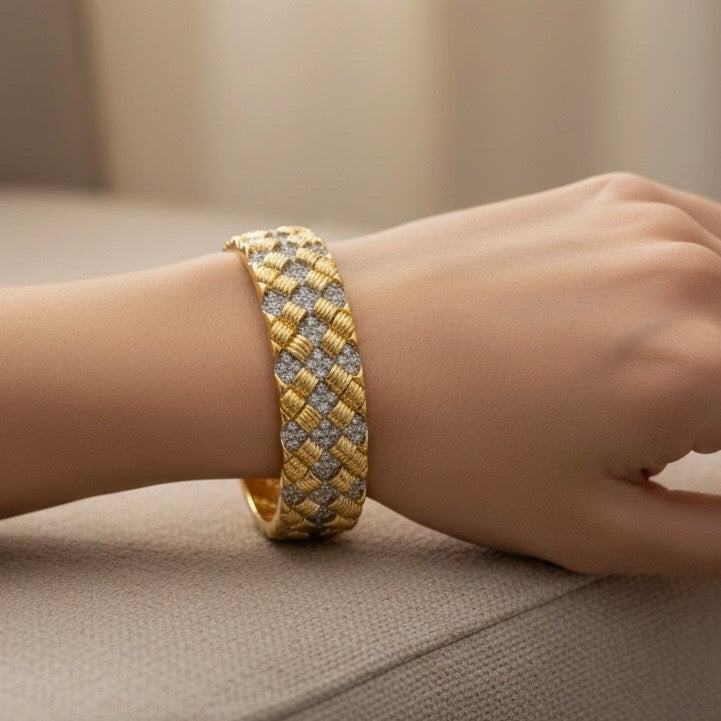 Open Satin Gold Cuff with CZ