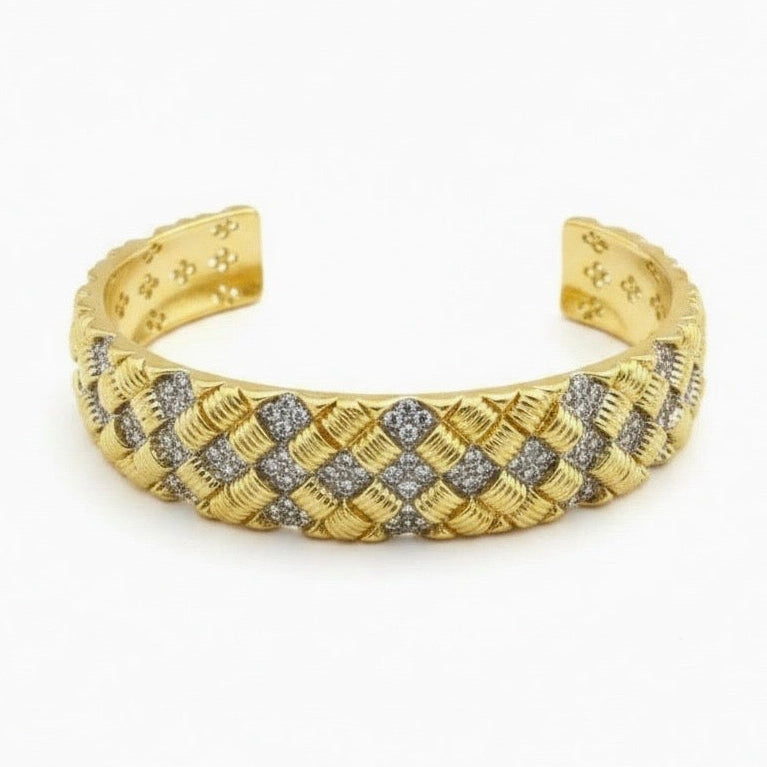 Open Satin Gold Cuff with CZ