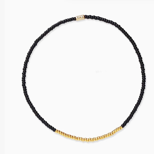 Handmade Seed Bead Stretch Bracelets In Black With Gold Accents